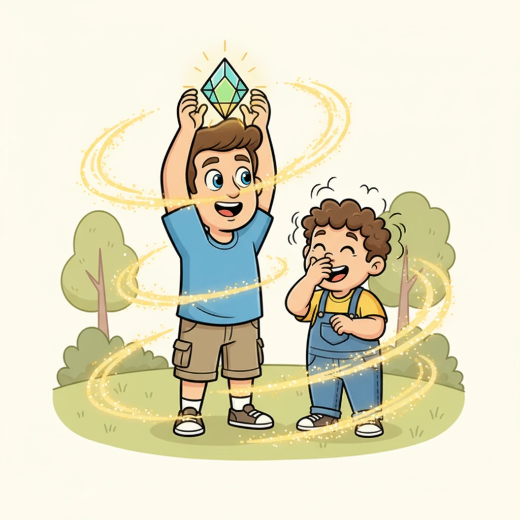 Stephen holds the Lifestar Crystal high, and it begins to pulse with a warm, golden light. Swirling energy surrounds both boys, tickling their noses and making them giggle. The air shimmers with magic, promising an extraordinary change.