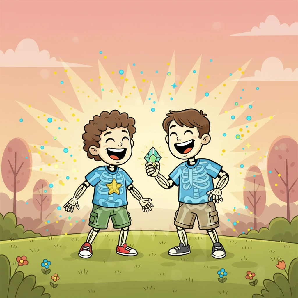 Poof! In a flash of sparkling light, Stephen and Robert transform into the most wonderfully whimsical skeletons. They are bright, glowing outlines of themselves, wobbly and translucent, still with their cheerful faces. They look at each other and burst into fits of laughter.