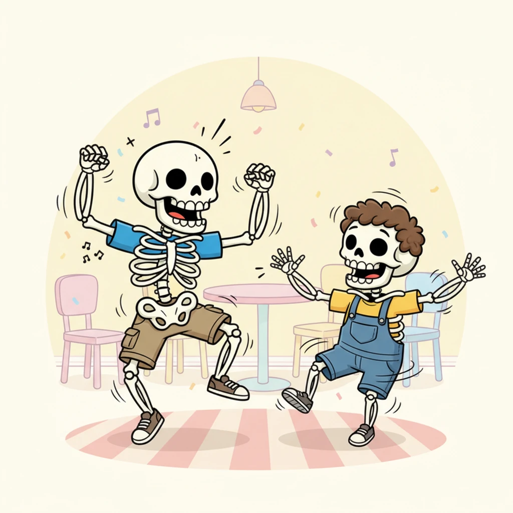 Their new skeleton forms are perfect for silly dances! They twist and twirl, their "bones" clanking softly and comically as they perform the wackiest moves imaginable. Their exaggerated poses fill the room with joyous energy and playful abandon.