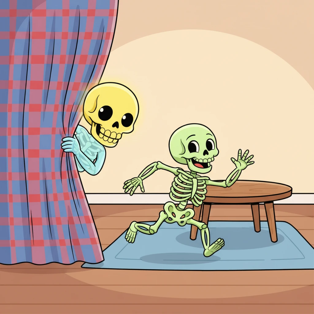 "Let's play hide-and-seek!" Robert suggests, his skeleton form wiggling with excitement. They dart around the room, their translucent bodies making it extra challenging and hilarious to find each other. Peeking from behind a curtain, Stephen's glowing skull grins.