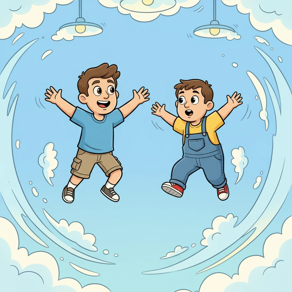 Imagining they can fly, the two skeleton pals leap and soar through the air, making whooshing sounds. They pretend to glide on invisible wings, their arms outstretched, exploring the ceiling and clouds of their imagination. Their adventure knows no bounds.
