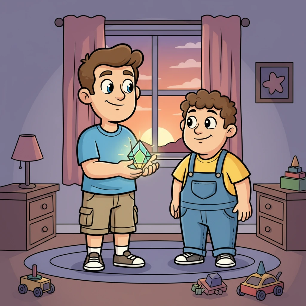 As the sun begins to set outside, the Lifestar Crystal starts to twinkle more gently, its glow softly dimming. A gentle shimmer signals that their magical playtime is coming to a sweet end. They share a knowing smile, cherishing the fun they've had.