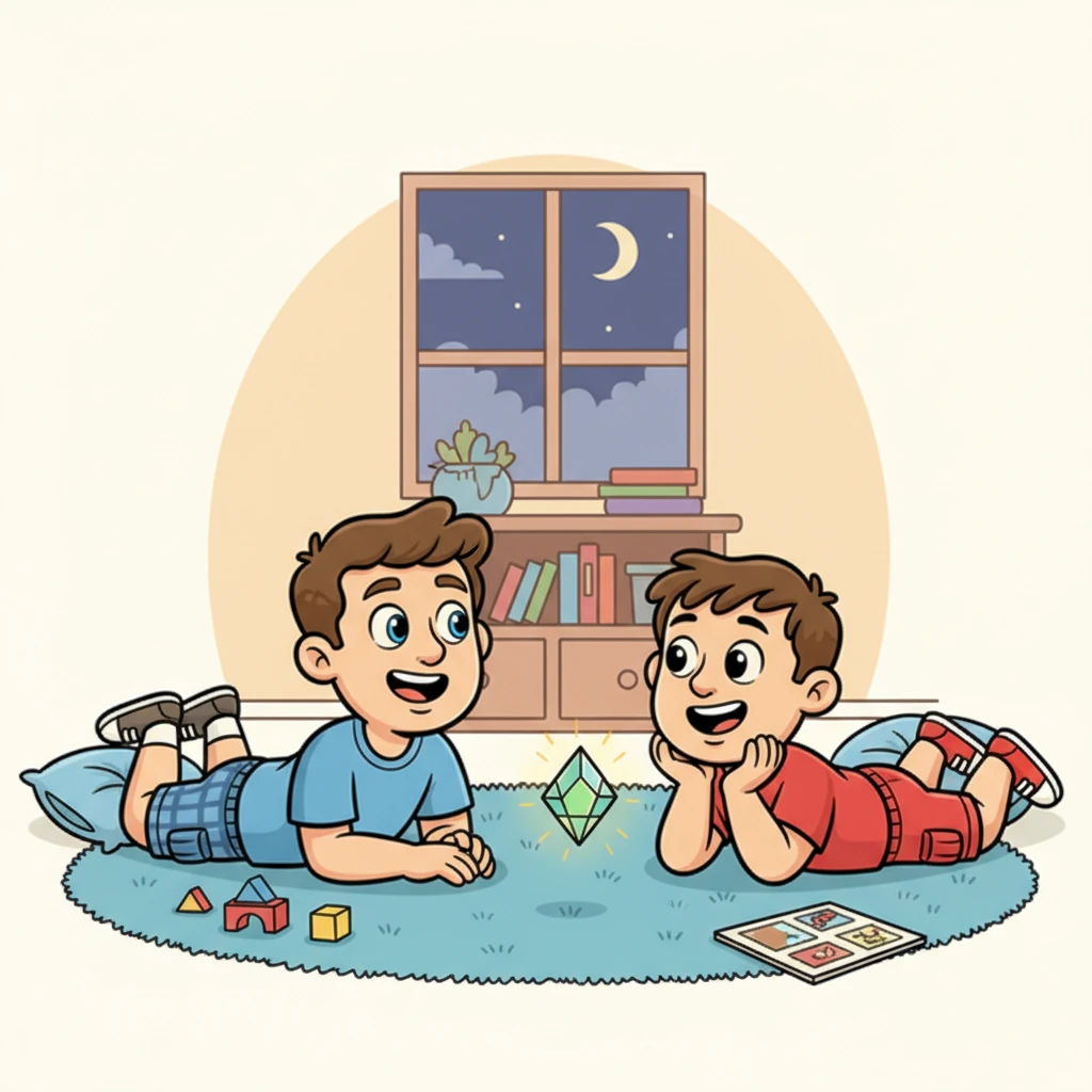 With one last soft sparkle, Stephen and Robert transform back into their regular selves, still in their comfy boxer shorts. They collapse onto the floor, breathless and happy, already planning their next amazing adventure with the Lifestar Crystal. Their hearts are full of joy and friendship.