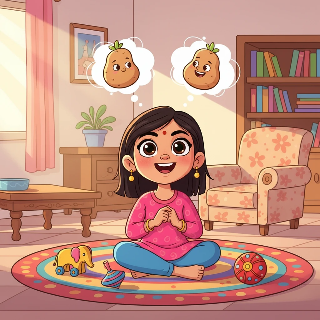 Little Chhavi, with her big, curious eyes, sits on a colorful rug in her cozy Indian home, surrounded by bright toys. Her mind, however, is fixated on one delicious thought: potatoes! A playful sparkle in her eye hints at a new adventure, her imagination already conjuring round, brown delights.