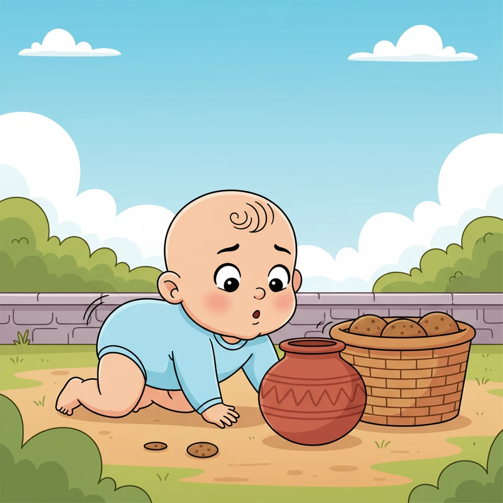 Driven by her potato-loving heart, Chhavi embarks on a crawling expedition, her plump little legs wiggling with determination. She inspects every round, brown object she finds, from a decorative clay pot to a woven basket, her expressive face showing a mix of hopeful confusion and continued searching.