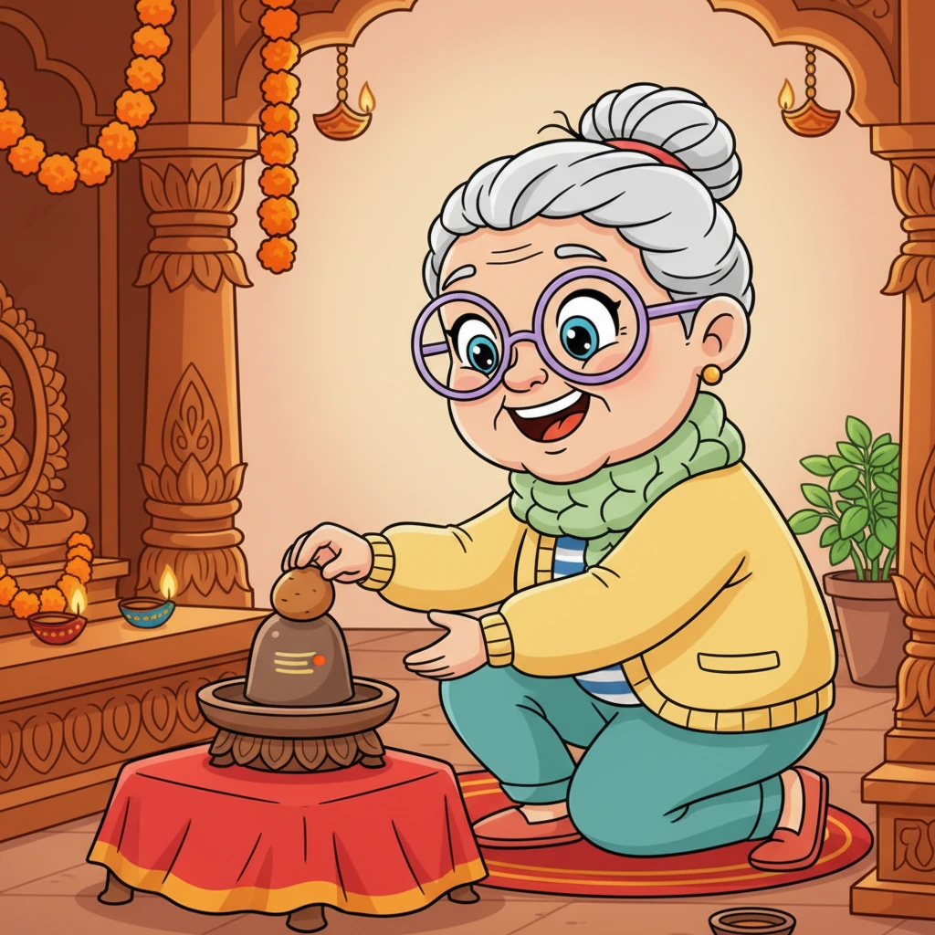 Her eyes light up with mischievous delight as she spots a tiny, perfectly round, brown shivling nestled low in the family's vibrant home mandir. To Chhavi, it's the most perfect 'potato' she's ever seen, a triumphant grin spreading across her face as she reaches for her prize.