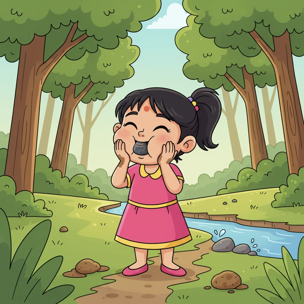 With a joyful giggle, Chhavi triumphantly pops the shivling into her mouth, her cheeks puffing out as she happily rolls it around, convinced she's savoring the most delicious, earthy potato. Her eyes close in pure, contented bliss, truly believing she's found a treat.
