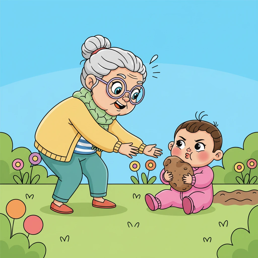 A whirlwind of lighthearted chaos ensues! Dadi gently, then more frantically, tries to coax the 'potato' out, but Chhavi, with a stubborn pout and determined grip, shakes her head vigorously, insisting with adorable babbling noises that it's 'num-num!'