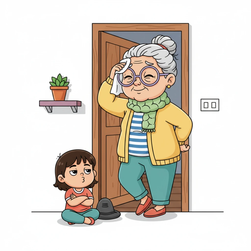 Finally, the shivling is safely retrieved, and Dadi leans against the doorframe, dramatically wiping her brow with a sigh of relief, though a fond, tired smile plays on her lips. Chhavi sits on the floor, arms crossed, a magnificent pout on her face, utterly miffed that her tasty 'potato' has been taken away.