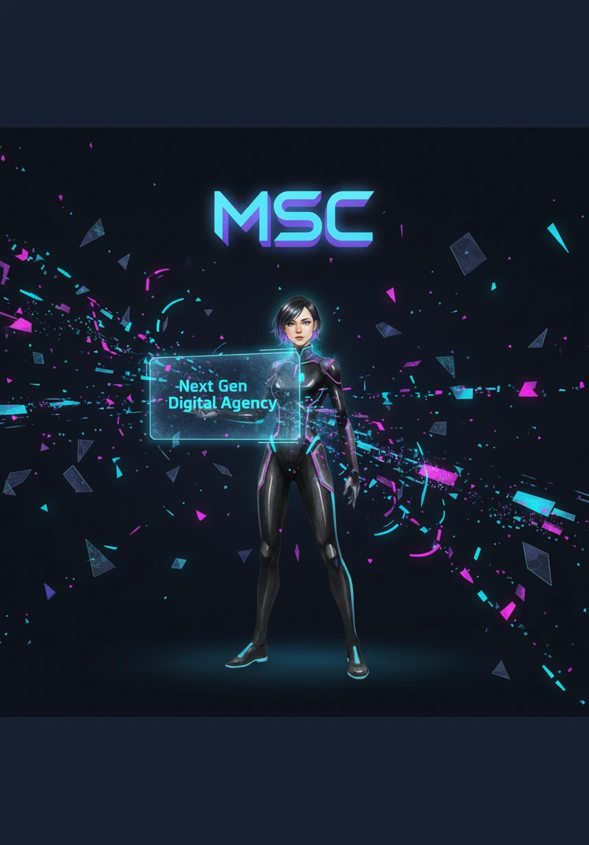 Nova stands at the center of a vast, dark digital void where the MSC logo pulses with a soft neon blue glow. Around her, floating geometric shapes and abstract particles begin to dance, signaling the start of a next-generation digital journey. She reaches out to touch a holographic interface that reads “Next Gen Digital Agency,” setting the entire world in motion.