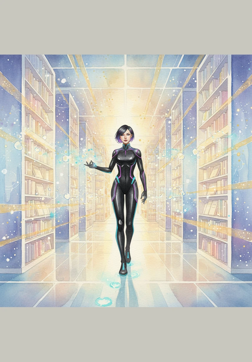 Walking through a corridor of light, Nova enters the About section where the history of MSC is written in the air. Glowing statistics like “50+ Projects” and “98% Satisfaction” orbit around her like miniature planets. The environment is a blend of deep blacks and vibrant purple gradients, reflecting a space of premium expertise and proven success.