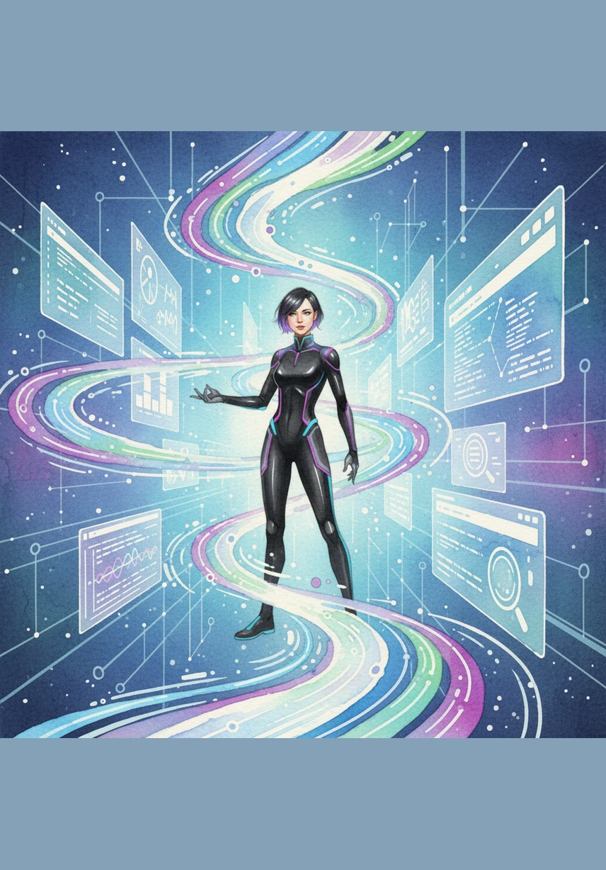 The scene shifts as Nova dives into the world of Web Development and SEO, where streams of data flow like neon rivers. She orchestrates these digital currents with grace, ensuring every line of code is optimized for the vast search engine wilderness. The background hums with the energy of a perfectly synchronized machine, powered by Three.js and React Three Fiber.