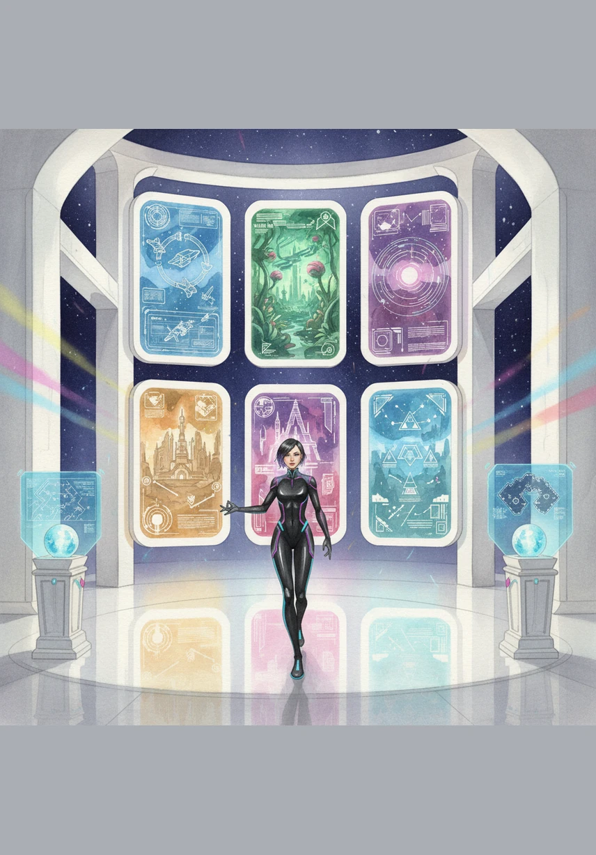 Nova enters a grand gallery where six massive project portals hover in a circle, showcasing the agency’s finest work. As she glides past a thumbnail card, it tilts toward her with a satisfying 3D depth effect and a glowing neon border. Each project is a window into a different world, proving the agency's versatility and creative reach.