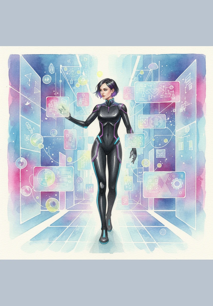 Nova moves into the Process Section, a laboratory of ideas where the five steps of creation are illuminated. She starts at the Research station, where abstract blueprints float in a soft blue haze, before moving toward the Design and Development zones. This is the workshop where raw concepts are forged into powerful digital tools.