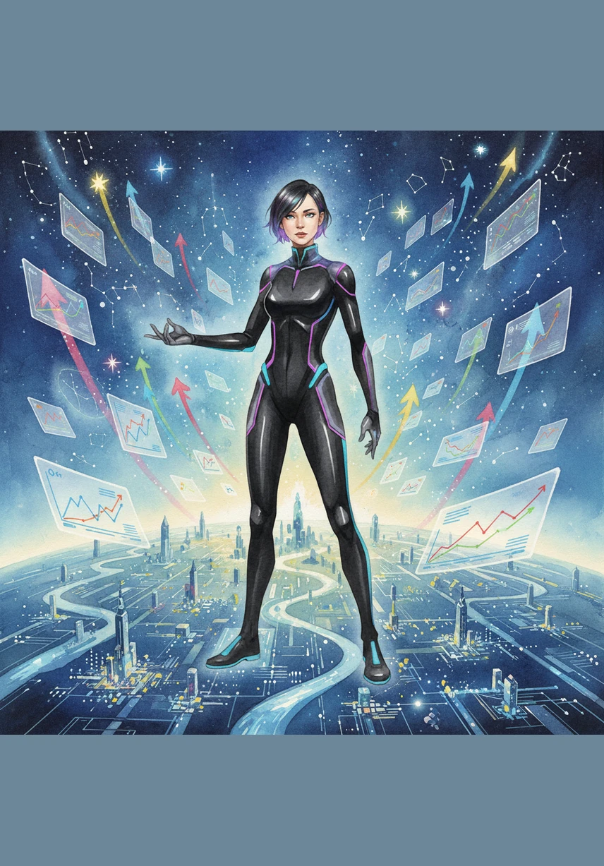 High above the digital landscape, Nova oversees the Marketing and Scaling phases, where projects are launched into the stratosphere. She watches as analytics dashboards display real-time growth, with colorful graphs climbing toward the stars. The power of data-driven strategy becomes visible as the digital ecosystem expands and thrives under her guidance.