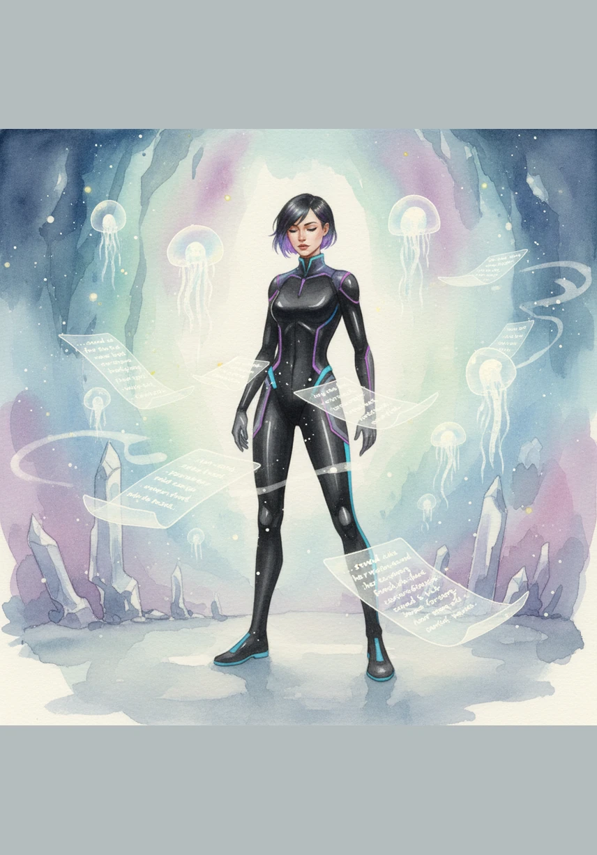 In a quiet, reflective space, Nova reads glowing testimonials from clients that drift past her like shooting stars. She then approaches a sleek, glass-like contact form that shimmers with a mouse-follow light effect. With a confident gesture, she invites new partners to send a message and join the MSC journey into the future.