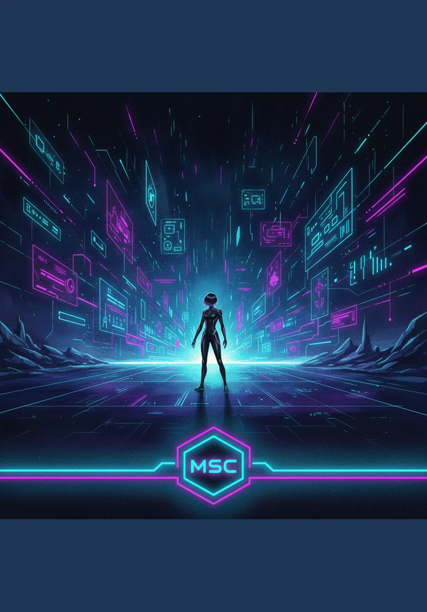The camera pulls back to reveal the entire MSC digital universe, a masterpiece of smooth scrolling and parallax depth. Nova stands at the horizon, looking out over the footer where the MSC branding shines one last time. The futuristic dark theme glows with a final, brilliant pulse of neon light, promising that the best is yet to come.