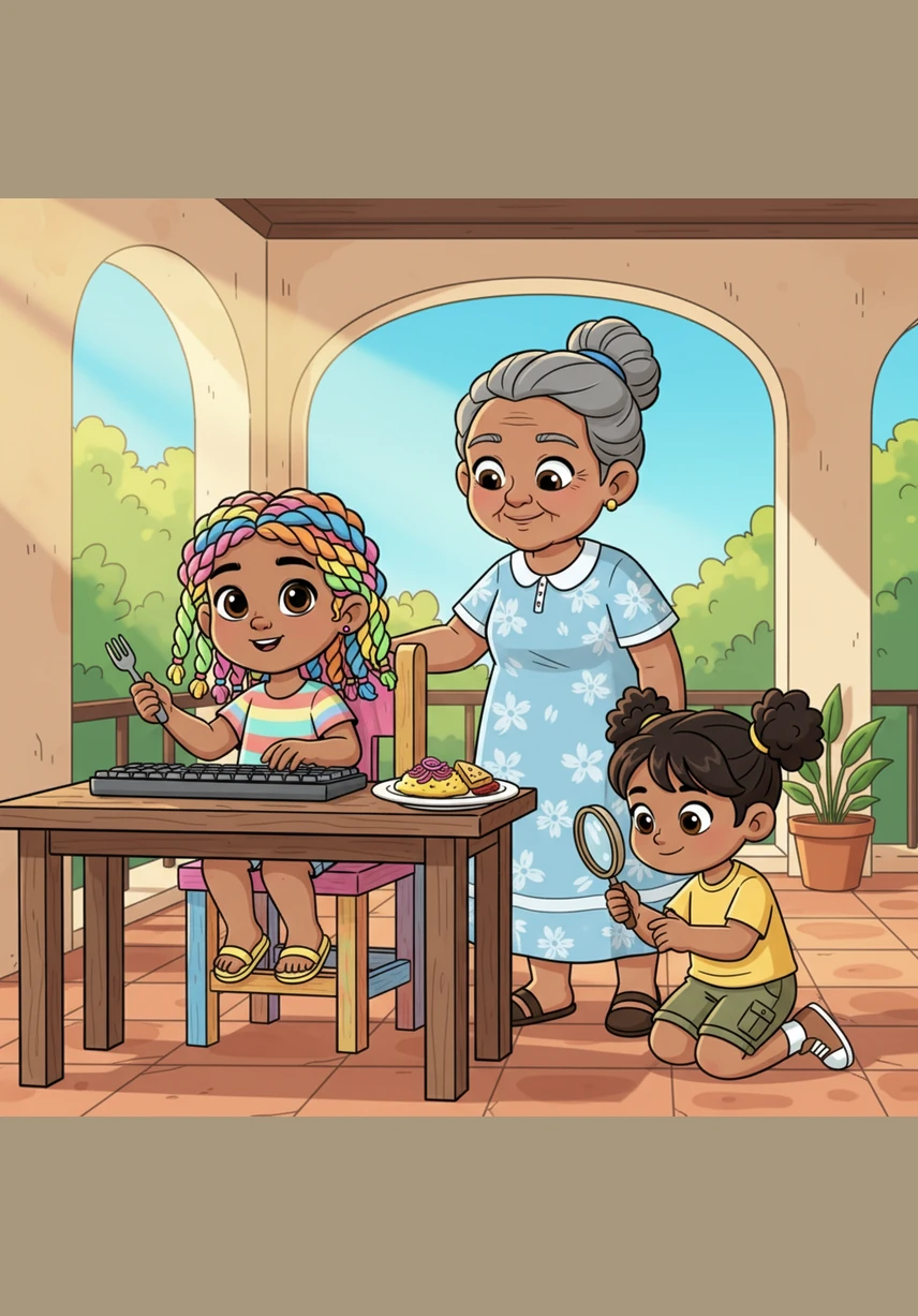 Alba sits on her sunny Dominican galería, happily tapping on an old, clicking keyboard. She enjoys a delicious plate of warm mangú while her colorful hair twists bounce as she explains to her Abuela how she is making a computer talk.
