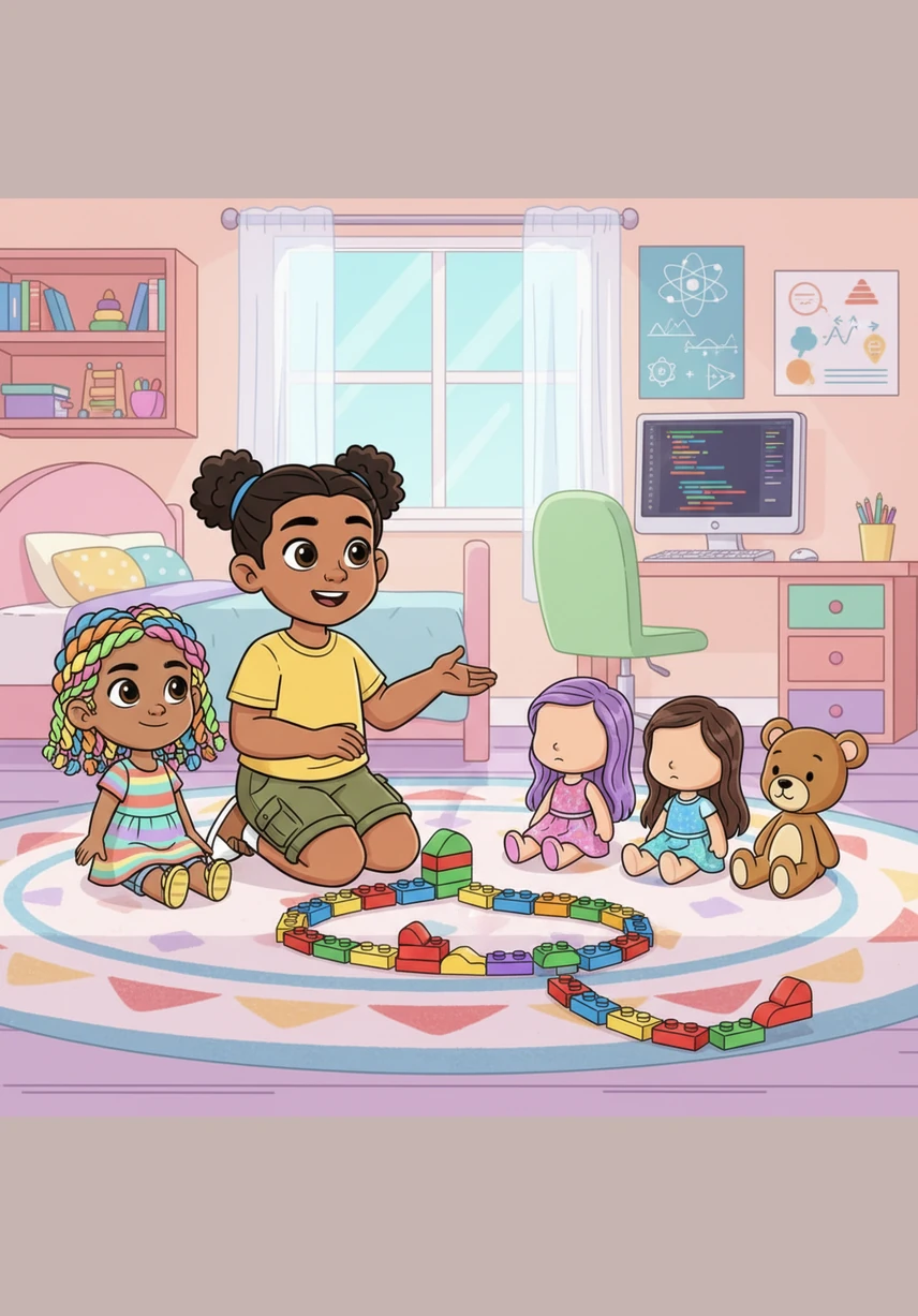 In her vibrant room, Alba lines up her dolls to show them her latest code made of bright plastic blocks. She sighs a little because her dolls just stare back, and she wishes she had a friend who understood the magic of patterns and sequences.
