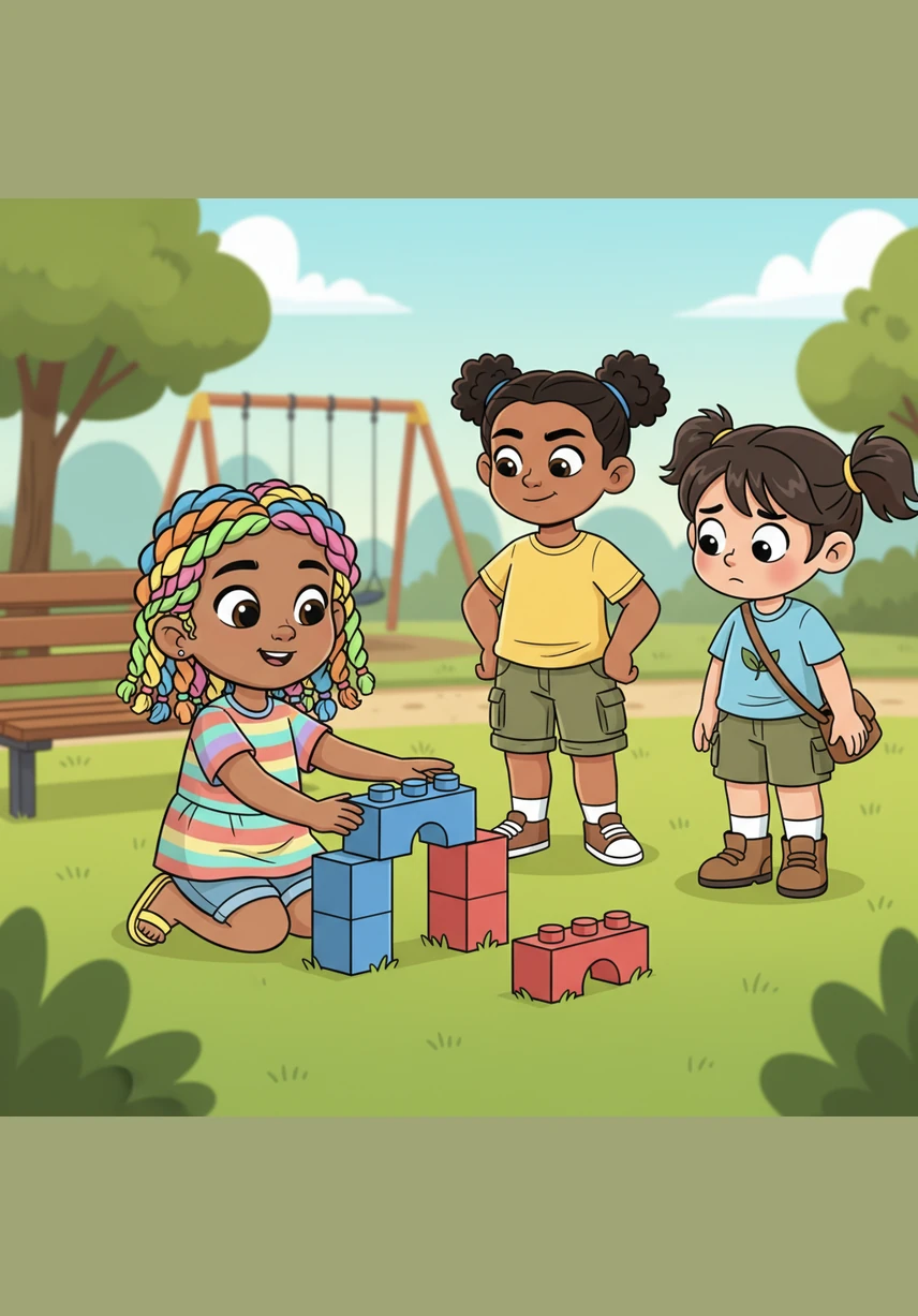 At the local community park, Alba spreads her colorful blocks on the grass in a careful blue-red-blue-red pattern. '¡Miren! This is the instruction for the computer!' she tells a passing friend, but they only want to play a fast game of tag.