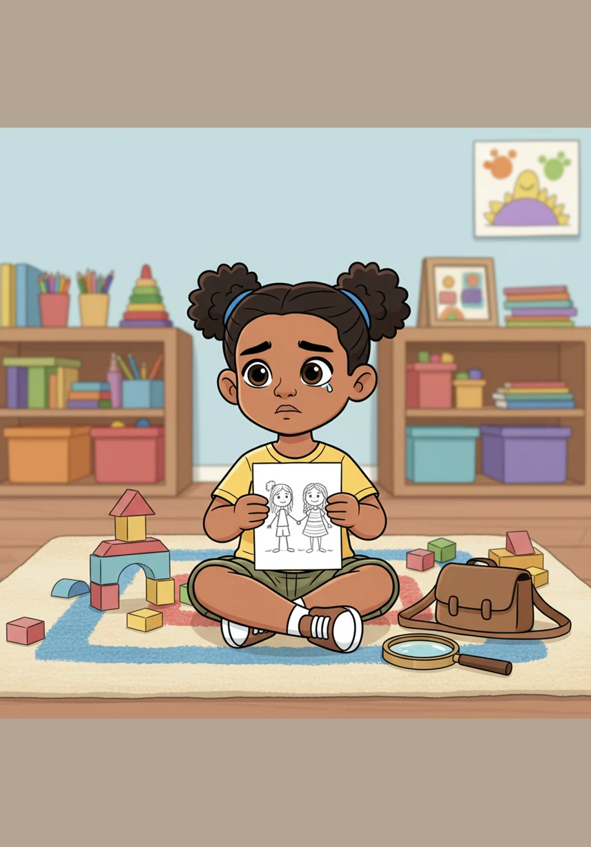 Alba sits quietly by herself for a moment, feeling a bit out of place with her blocks while the other children run and shout. She wonders if there are other girls who like to figure out how the world works just as much as she does.