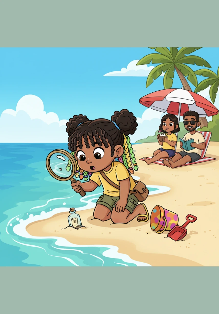 Nearby, Alba notices a girl named Soliel frowning at a tall sandcastle that keeps sliding down into a heap. Soliel mutters about needing a better base and uses a sturdy stick to reinforce the sandy walls of her creation.