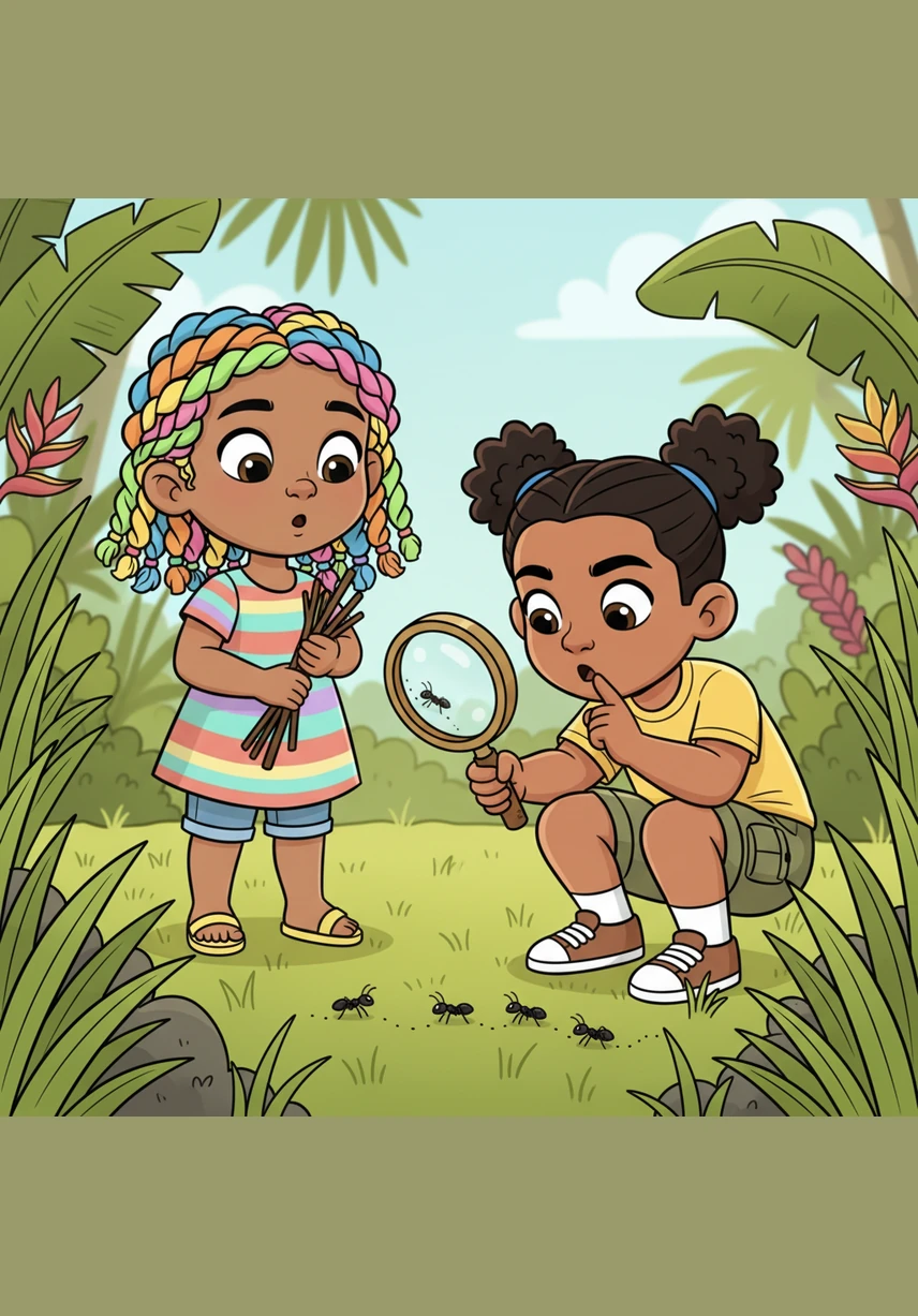 While searching for more sticks for the castle, Alba finds Camila crouching low to the ground with a magnifying glass. Camila whispers, '¡Despacio! I am observing this habitat,' as she carefully watches a tiny trail of ants marching through the tropical grass.