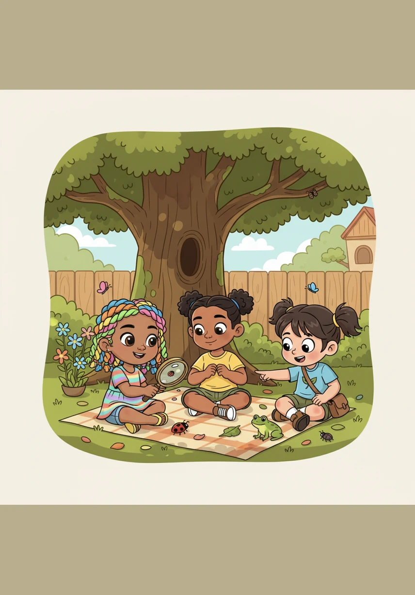 Alba, Soliel, and Camila sit together under the shade of a big tree, sharing their dreams of computers, tall buildings, and the secrets of nature. They realize they all love asking 'por qué' and finding the answers to big, exciting questions.