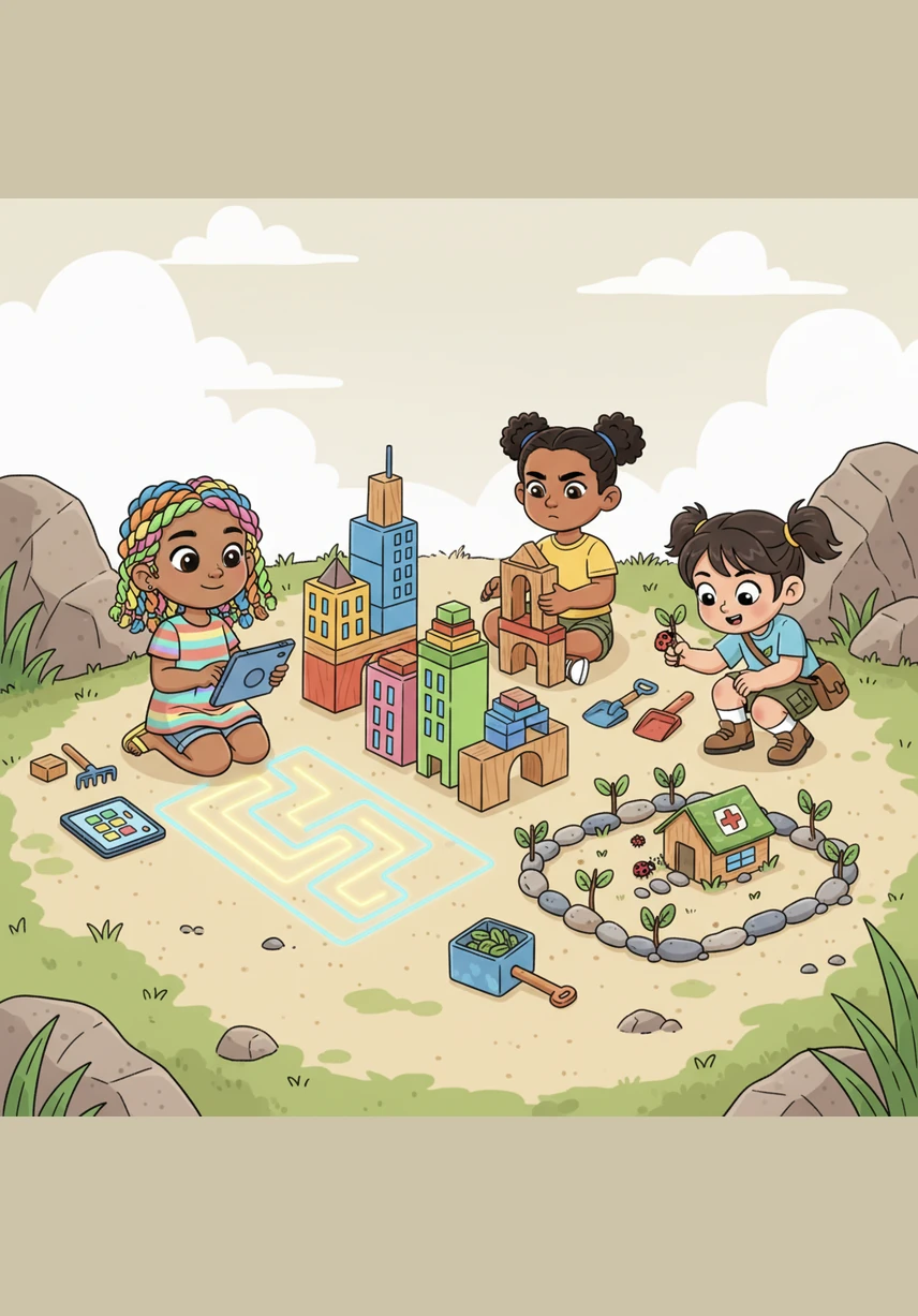The three new friends decide to build a 'Future Town' together using their blocks, sand, and leaves. Alba codes the paths in patterns, Soliel engineers the sturdy buildings, and Camila designs the green spaces and hospitals for the local ladybugs.
