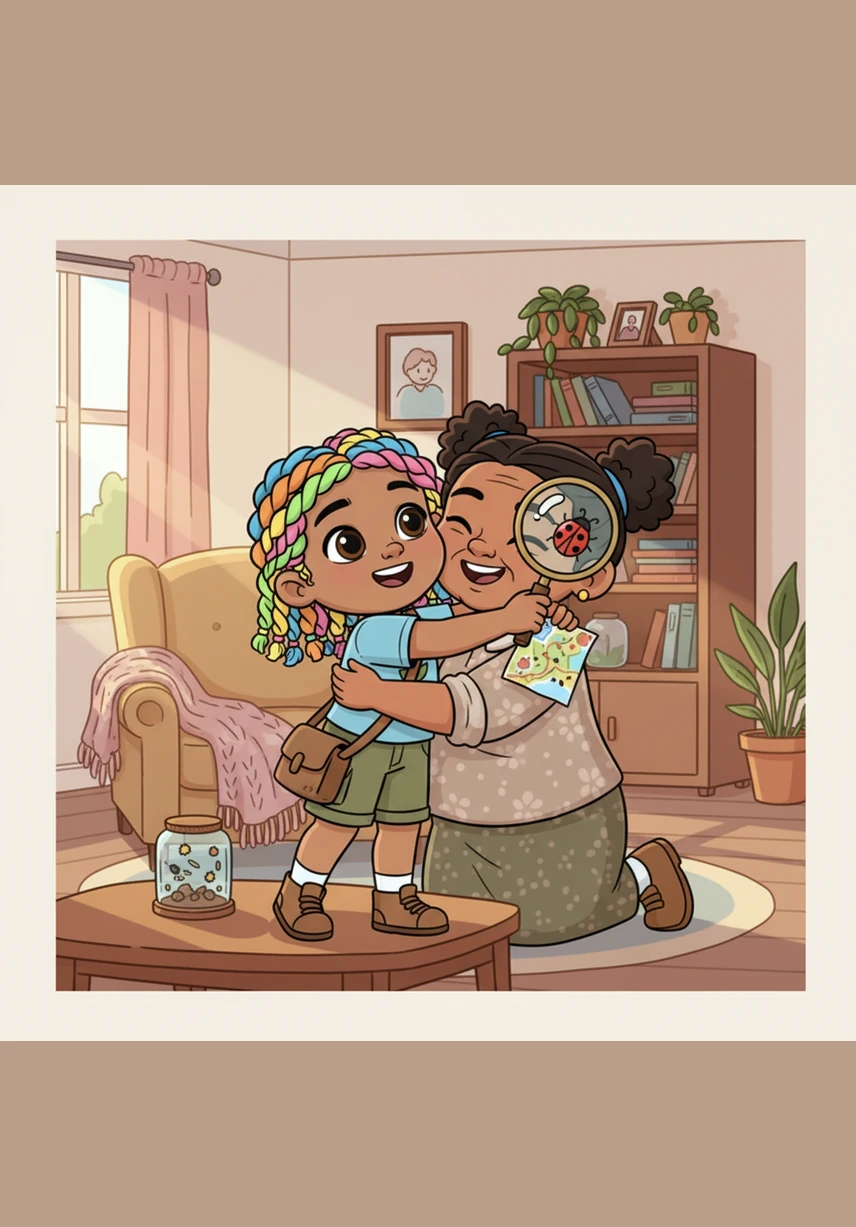 Back at home, Alba gives her Abuela a giant hug, her heart full of joy and new ideas. 'I met other STEM girls, Abuela!' she exclaims, already dreaming of the bright and wonderful future they will build together.