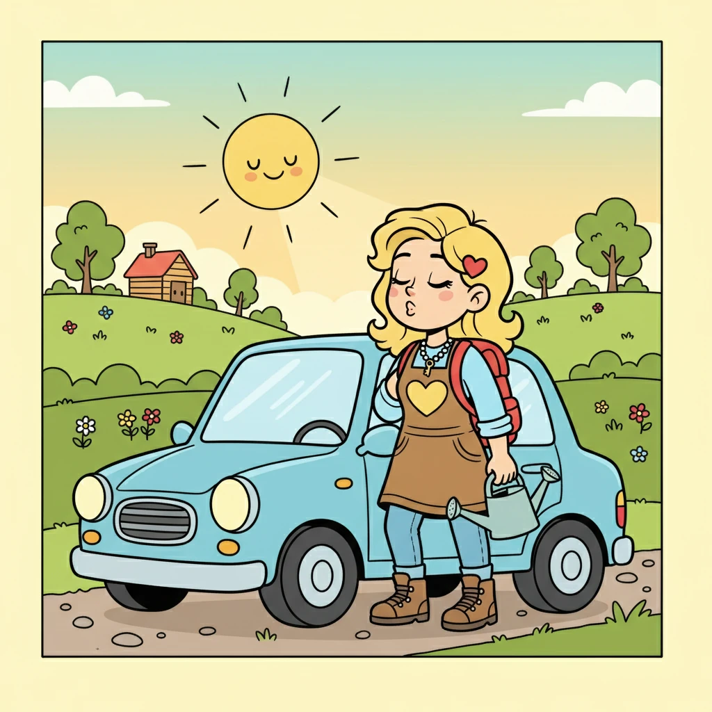 Sandy, met een warme glimlach, stapt uit haar auto, klaar voor een nieuwe dag. Ze draagt comfortabele wandelschoenen en een rugzak. De zon schijnt zachtjes op haar gezicht, terwijl ze de frisse ochtendlucht inademt.