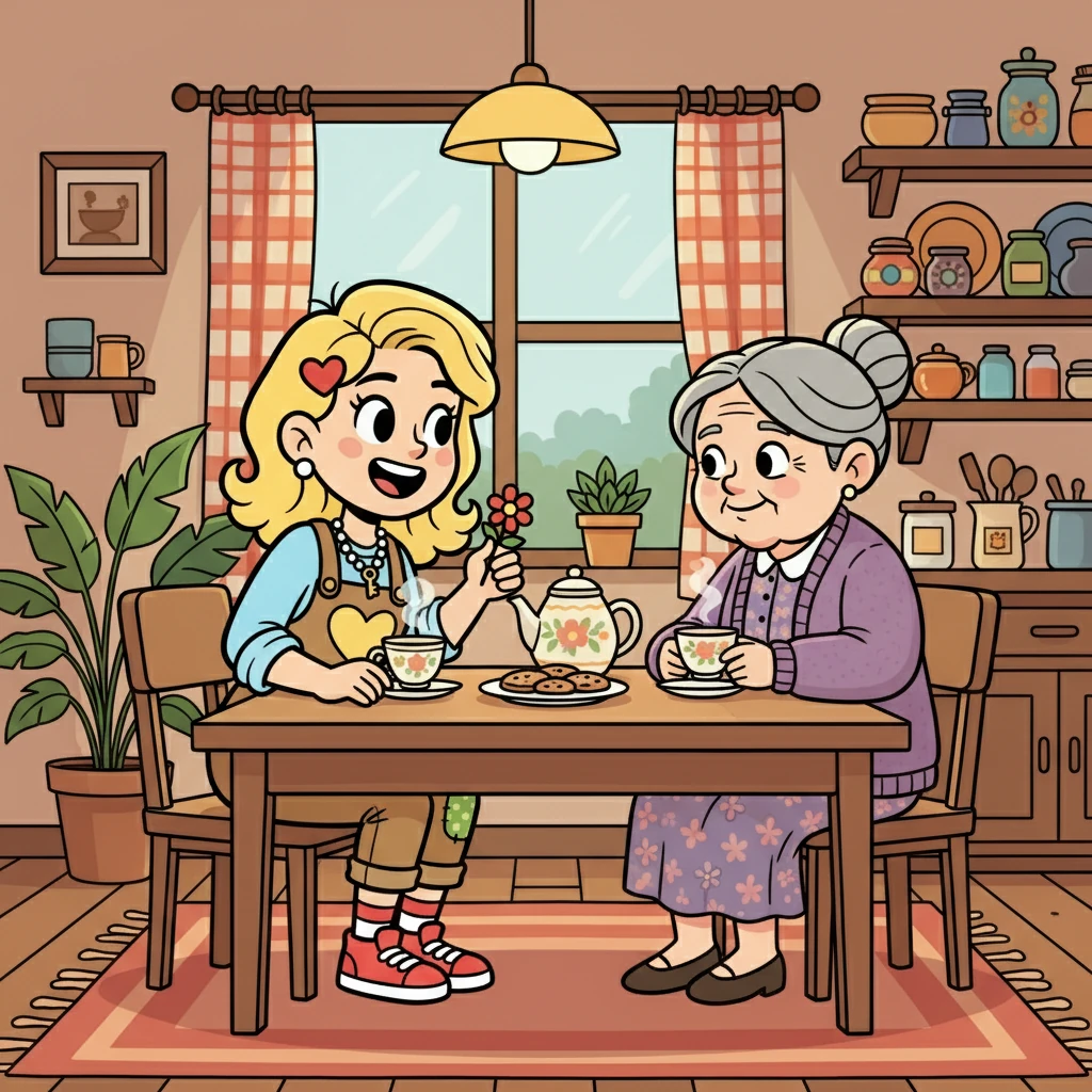 Binnen in een gezellig huis begroet Sandy een oudere dame met een vriendelijke knik. Ze zit aan de keukentafel, klaar om te luisteren en te helpen. De kamer is gevuld met warmte en gezelligheid.