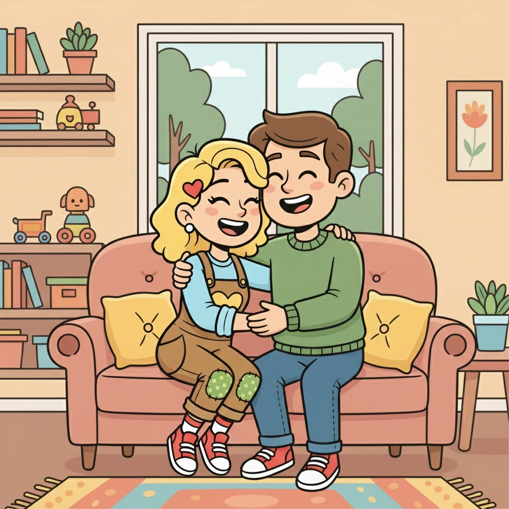 Thuis, in de gezellige woonkamer, knuffelt Sandy met haar man Hans. Ze lachen samen en delen hun dag. De liefde en verbinding tussen hen is voelbaar.