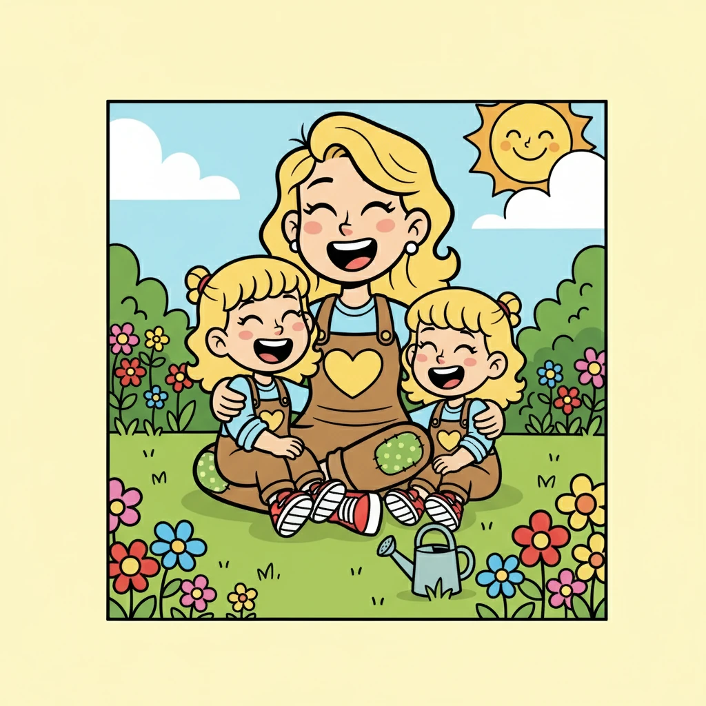 Sandy en haar tweelingdochters, Hanne en Lotte, lachen samen in de tuin. Ze zitten op het gras, omringd door bloemen. De vreugde en de band tussen hen is onmiskenbaar.