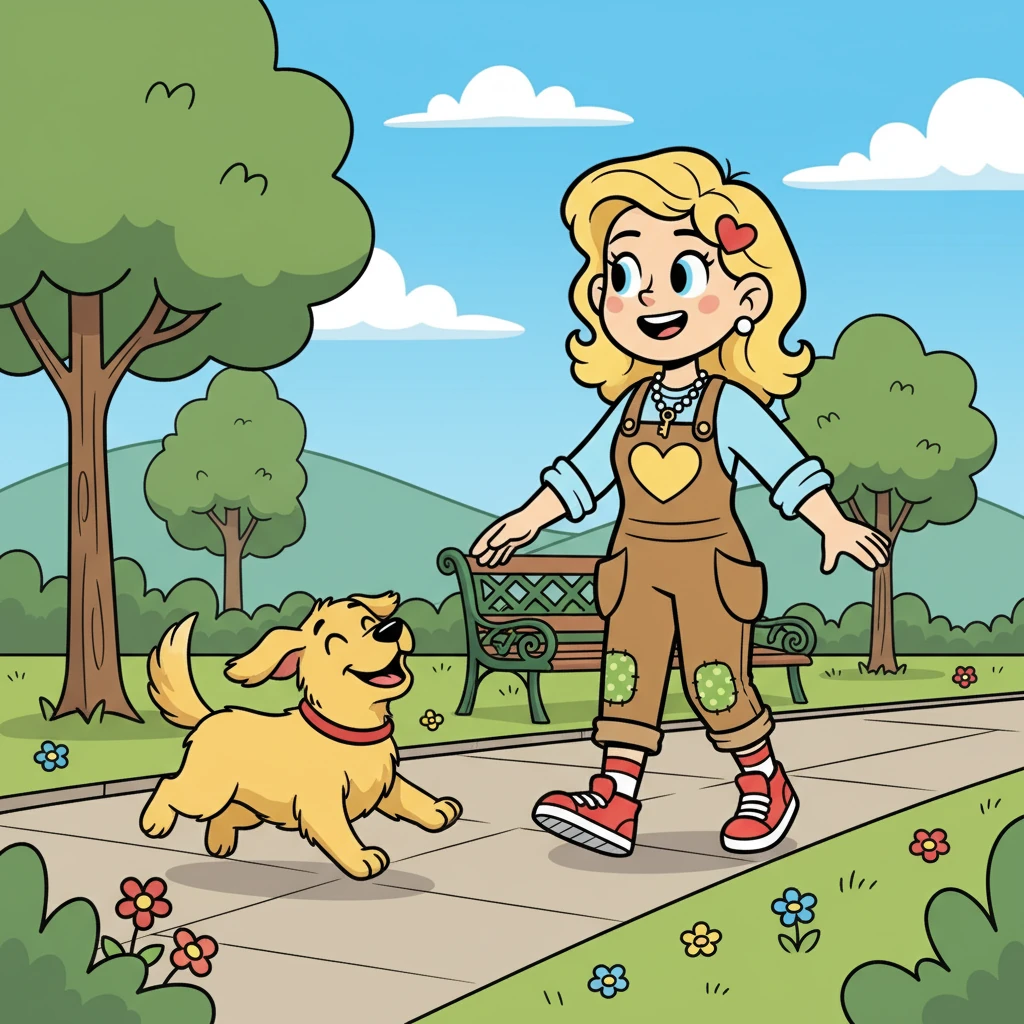 Sandy's hond kwispelt vrolijk bij haar voeten, terwijl ze samen door een park wandelen. De hond springt en speelt, genietend van de frisse lucht en de aandacht van Sandy.
