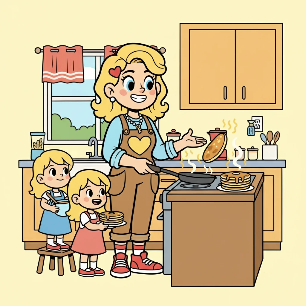 In de keuken bakt Sandy pannenkoeken met haar dochters. De geur van vers gebakken pannenkoeken vult de kamer. Ze delen een moment van pure gezelligheid en plezier.