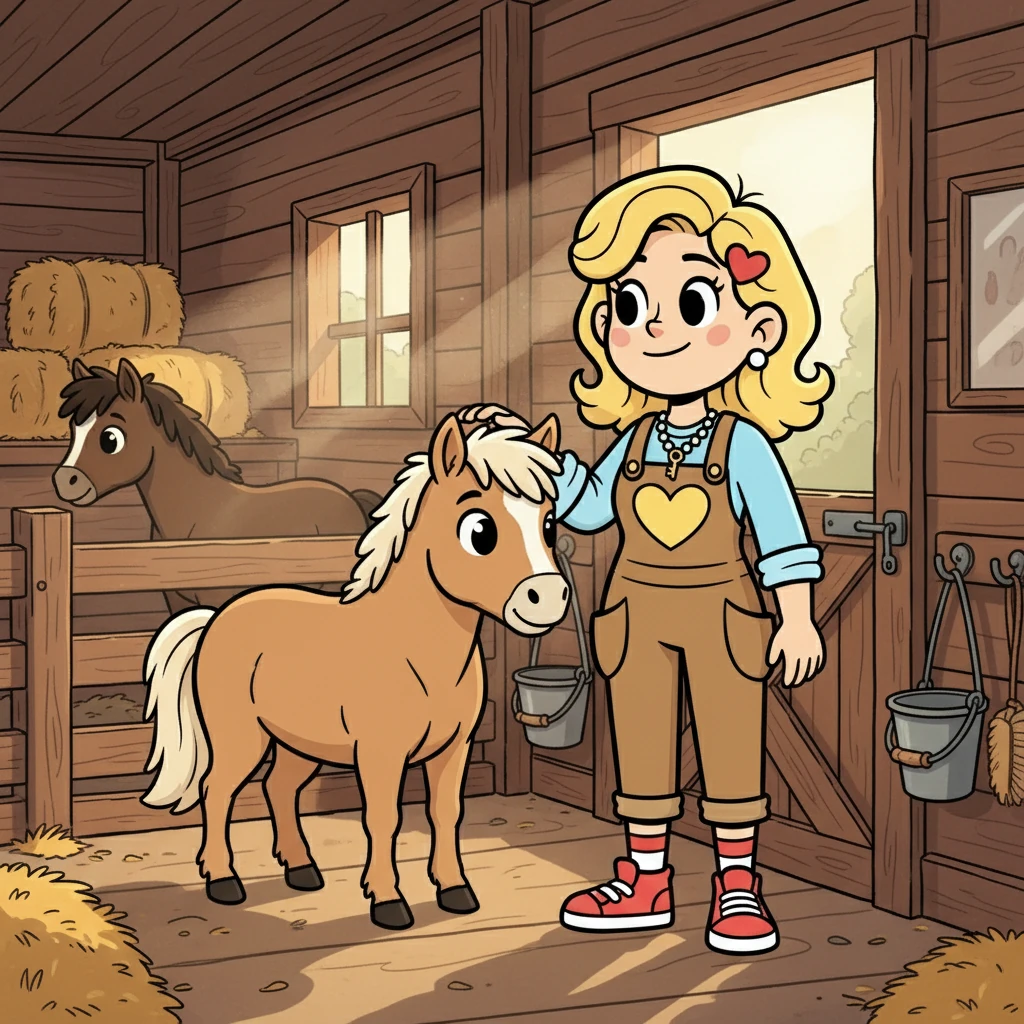 Sandy bezoekt een manege waar ze de pony's verzorgt. Ze aait de pony's zachtjes en geniet van hun aanwezigheid. De rust en de sereniteit van de omgeving zijn duidelijk zichtbaar.