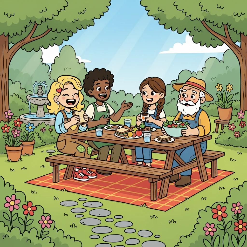 Sandy en haar collega's lunchen samen in een zonnige tuin. Ze delen ervaringen en lachen samen. De waardering en het respect voor elkaar zijn voelbaar.