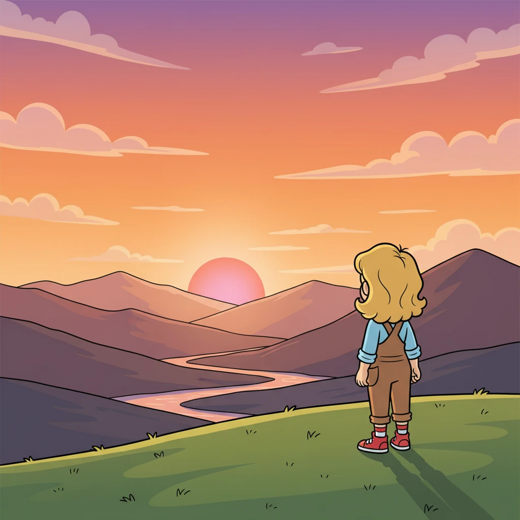 Op een verre reis, kijkt Sandy naar de zonsondergang over de bergen. Ze voelt zich dankbaar voor alle ervaringen en de liefde om haar heen. De horizon is open en vol mogelijkheden.