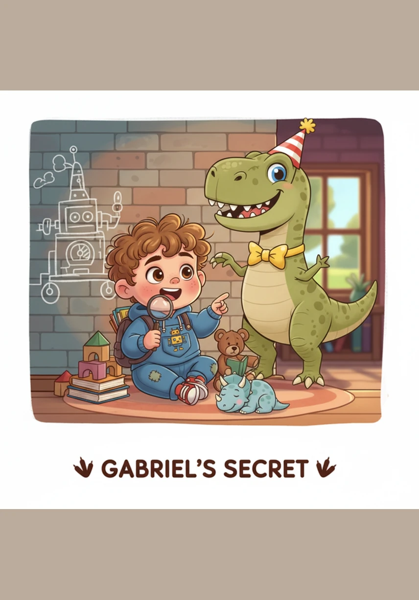 Gabriel é um menino de três anos muito esperto que adora o espaço e os dinossauros. Em seu quarto cheio de brinquedos, ele sonha em viver uma aventura de verdade para ajudar seus amigos pré-históricos.