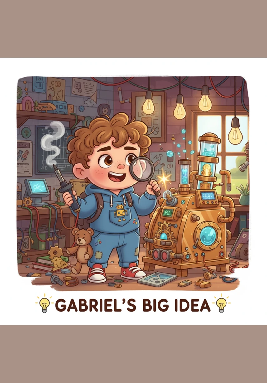 Com muita criatividade, Gabriel constrói uma máquina do tempo brilhante e um teletransportador especial que se parece com uma cesta de basquete. Ele ajusta os parafusos com cuidado e se prepara para a viagem mais importante de sua vida.