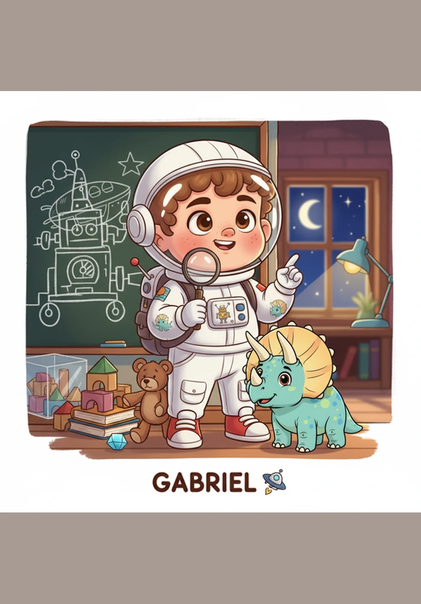 Vestindo seu capacete de astronauta e um sorriso corajoso, Gabriel aperta o botão vermelho de sua nave. Em um piscar de olhos e um rastro de luzes coloridas, ele decola rumo ao passado distante, viajando 65 milhões de anos.