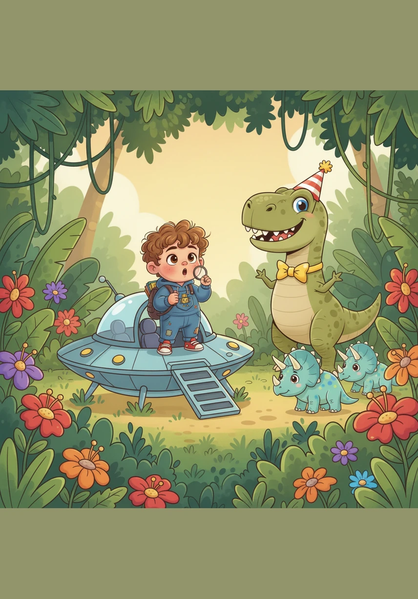 A nave pousa suavemente em uma selva verde e vibrante, cheia de plantas gigantes e flores coloridas que Gabriel nunca tinha visto. Ele sai da máquina e respira o ar puro da era dos dinossauros, maravilhado com o mundo antigo.