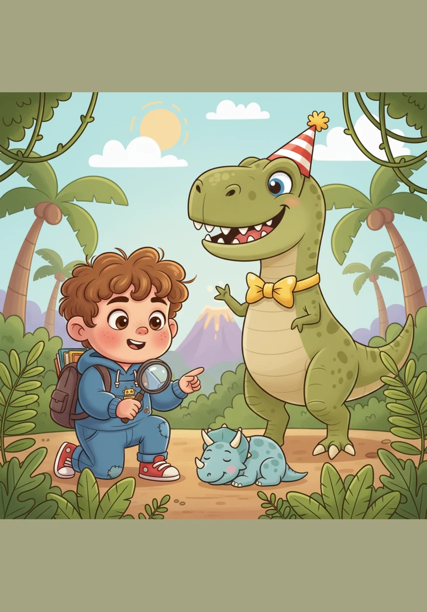 Logo, Gabriel encontra um Tiranossauro Rex amigável e um Triceratops curioso que se aproximam para cumprimentá-lo. Ele explica para os novos amigos que veio do futuro para protegê-los com suas invenções incríveis.