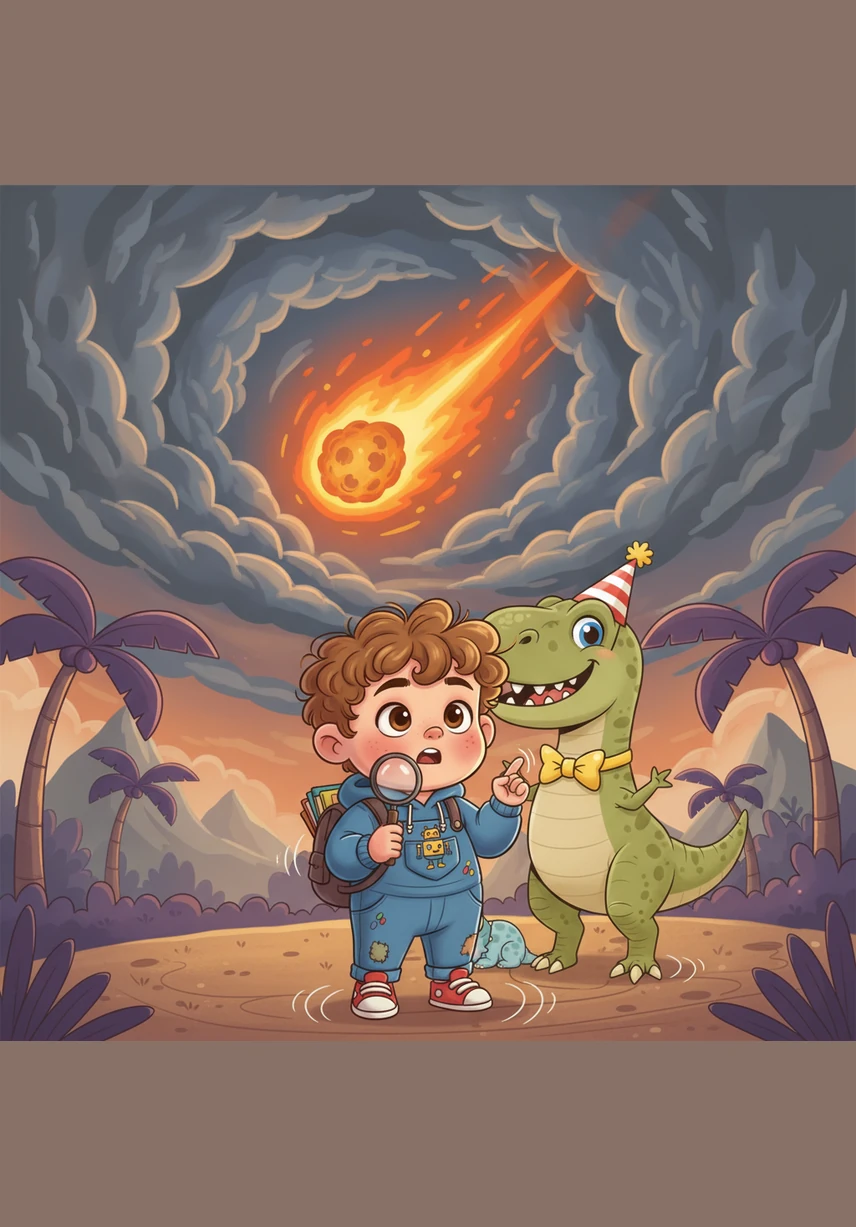 De repente, o céu começa a brilhar com uma luz laranja intensa e um meteoro gigante aparece entre as nuvens escuras. O chão treme levemente e os dinossauros olham para cima com preocupação, mas Gabriel sabe exatamente o que fazer.