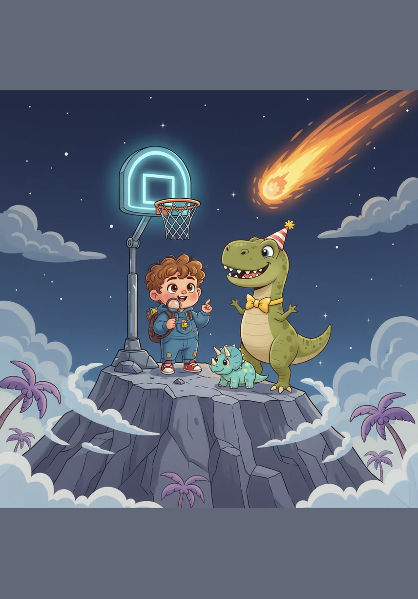 Sem perder tempo, Gabriel carrega sua cesta de basquete tecnológica até o topo da montanha mais alta da região. Ele posiciona o equipamento com precisão, apontando o aro brilhante diretamente para o caminho do meteoro.