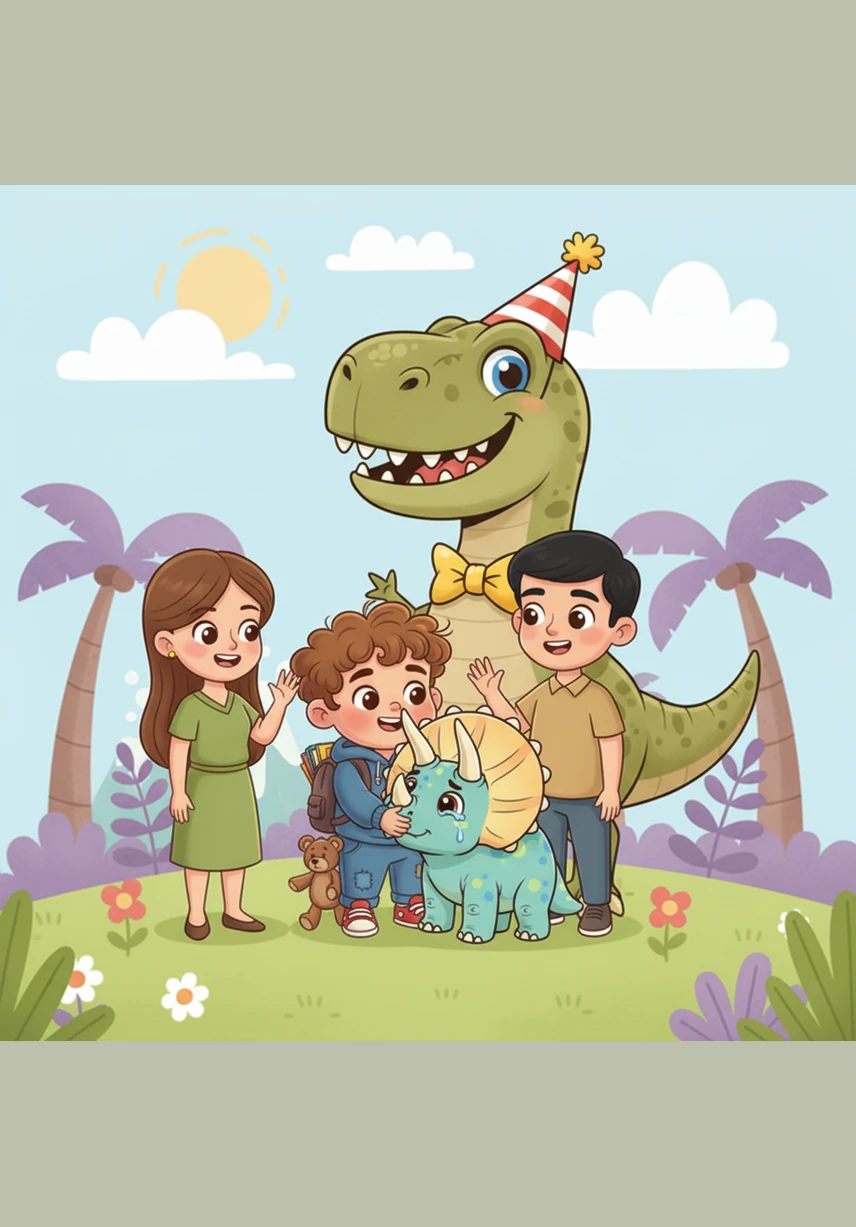 Os dinossauros comemoram com rugidos de alegria e Gabriel recebe um abraço gigante de seus novos amigos pré-históricos. Ele volta para sua máquina do tempo e retorna para casa, pronto para comemorar seu aniversário de três anos como um verdadeiro herói.