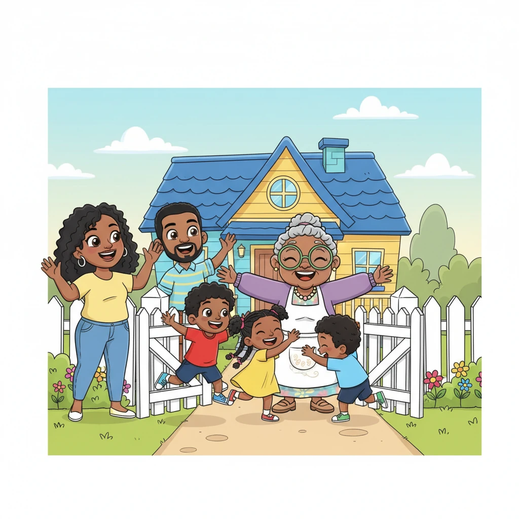 A sunny morning sees Mom Zama and Dad Khulekani waving goodbye as their three energetic children, Olwethu, Nandi, and little Lubanzi, burst through the gate of Granma Hlophe's wonderfully colorful house. Granma, with a wide, warm smile, wraps them all in a big hug, her apron still smelling faintly of delicious baking. The vibrant house, painted in cheerful blues and yellows, seems to hum with anticipation of fun.