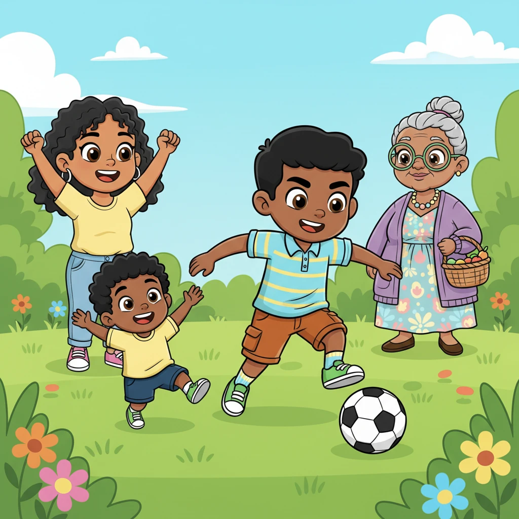 No sooner had their parents driven off than a lively soccer match erupted in Granma's lush green backyard. Nandi, with a mischievous grin, dribbled the ball like a pro, his knees high and determined. Lubanzi, a tiny whirlwind, giggled as he chased the ball, occasionally tripping over his own feet, while Olwethu cheered them on, her arms raised in excitement.