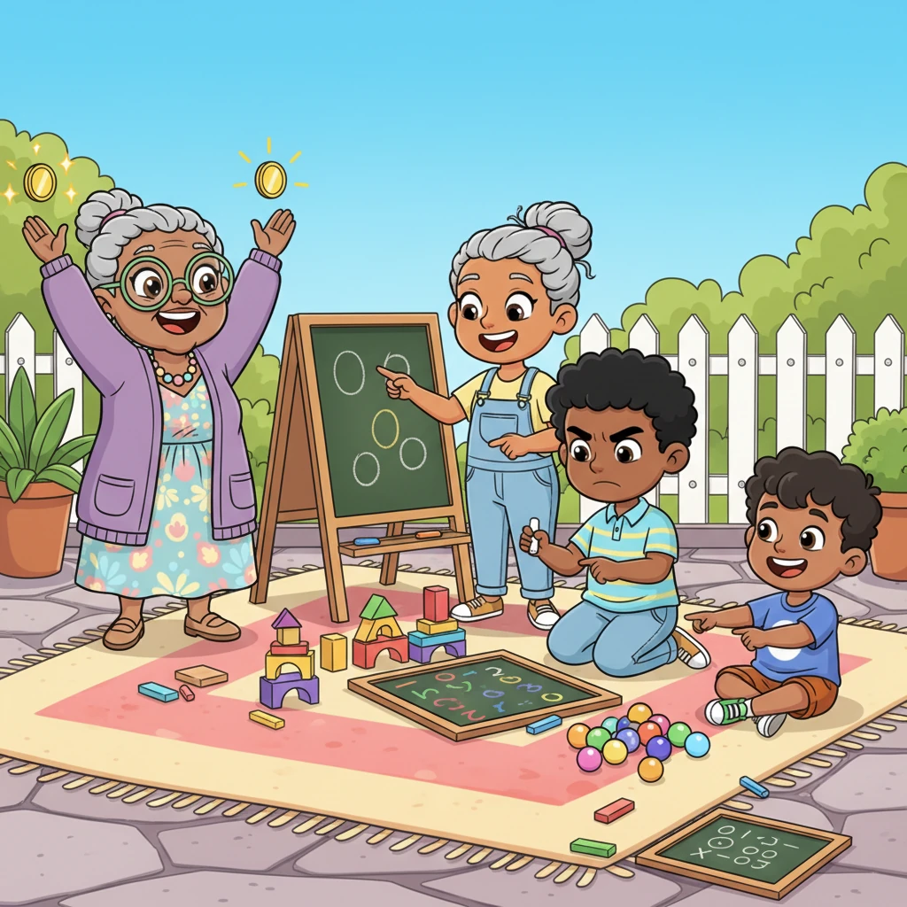 Later that day, Olwethu, ever the big sister, organized a 'Maths Mania' competition on the patio, using brightly colored blocks and chalkboards. Nandi quickly solved equations, his brow furrowed in concentration, while even Lubanzi, with a huge grin, correctly counted a pile of shiny marbles, much to everyone's delighted surprise. Granma Hlophe clapped enthusiastically, offering imaginary medals.